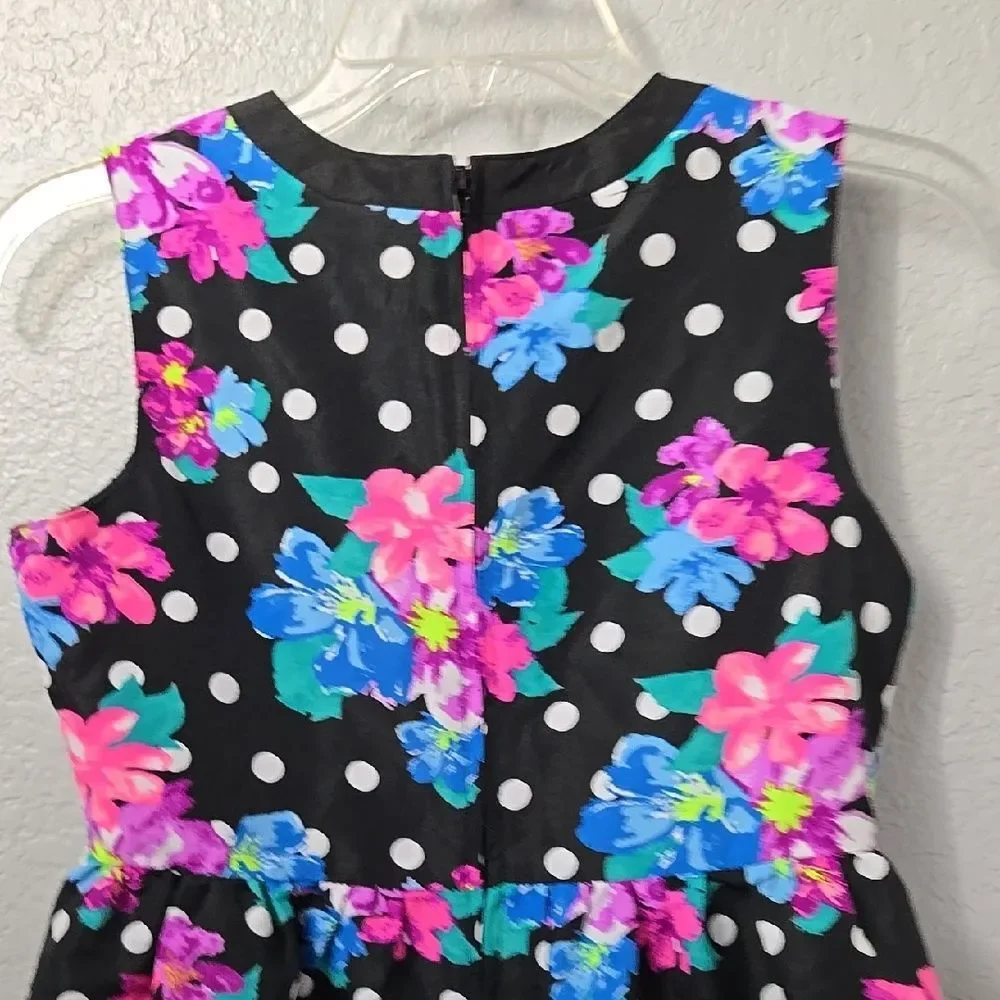Justice Girls Floral Polka Dot Dress 12 Black Twirl Party Sundress Trendy Tween